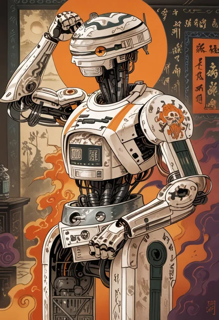 Style(best quality, less-detailed, vibrant colors, illustration, concept art, mythp0rt, hyper-realistic colorful orange sketch, sn3yd_style, traditional japanese art);
Subject(robot, male robot, l3-37, (white metallic robot), threatening viewer with one fist, bright orange eyes, shiny metal, yakuza tattoo on arm, picture from waist up);
Background(ancient library full of antiques);