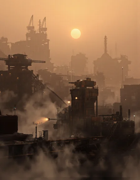 QuantumZ.
Art by Col Price & Arthur Yuan.
A digital illustration shoot from a far camera angle about a futuristic industrial landscape during sunset. the image features a large industrial area with tall buildings, cranes, and machinery, all shrouded in a thick layer of smog. the setting sun is visible in the background, casting a warm orange glow over the scene. on the left side of the image, a tank is visible, partially obscured by the smog, adding a sense of depth to the image. in the foreground, a streetlight illuminates the scene, casting an ethereal glow. the overall atmosphere is one of decay and industrial decay, with the industrial setting taking place in the distance.