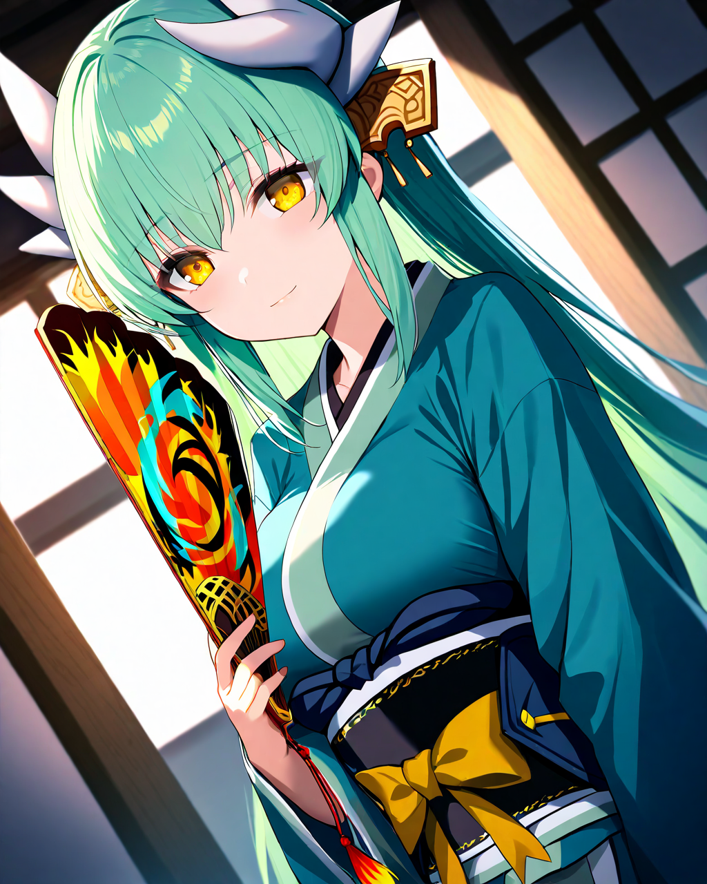 KiyohimeFateGrandOrder,
KiyohimeBR1stAscension,
1girl, solo, dutch angle, upper body,
long hair, straight hair, green hair,
yellow eyes,
horns, hair ornament,
light smile,
holding fan, hand fan,
green kimono, large breasts, obi,
room,
<lora:kp_KiyohimeFateGrandOrderAnimagineXL_v1_0:1.0>,
BREAK
masterpiece, best quality, absurdres, 
ultra-detailed, moody lighting,
depth of field,