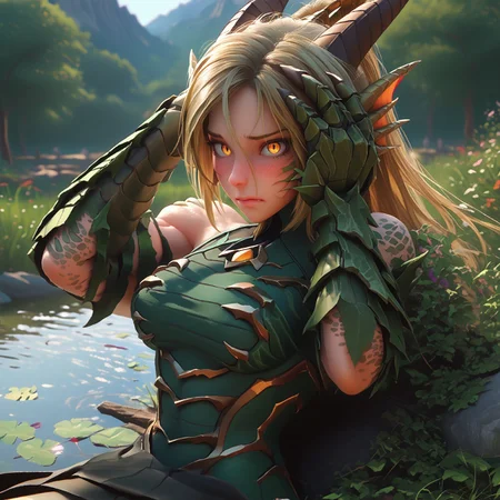 safe_pos, ((Score_9, score_8_up, score_7_up), masterpiece, perfect face, expressive eyes,(dragon girl),(muscular arms:1.2),(monster arms:1.3),(big claws),shy,embarrassed expression,(looking at viewer),blush,sitting in a pond, blonde hair, yellow eyes,(long tail),(slender figure),(tight clothes),marked veins,green clothes,forest and mountains scenery,pond,(close-up),scratching face