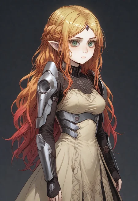 score_9, score_8_up, score_7_up, score_6_up, score_5_up,full body:1.4,black background,simple background,masterpiece, best quality, sharp_details, game_cg，flat color, dark theme
,tsundere elf, long hair, a big braid,blonde hair, green eyes, pointy ears, elf, multicolored hair, forehead jewel,
breasts, cleavage,tigh body suit,underbust,black detail gauntlets armor,(tight),mature face,
,standing,(large breasts:0.6),from side:1(fromfront:0.5),raise a skull 
 with one hand,a skull,expressionless,
 dramatic pose,full body:1.4,