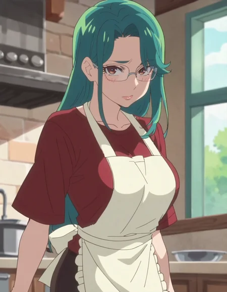 score_9, score_8_up, score_7_up, anime screencap, solo,1girl, green hair,glasses,red shirt,apron, long hair, looking at viewer, large breasts,cowboy shot,blush,<lora:Secretoru:0.8>