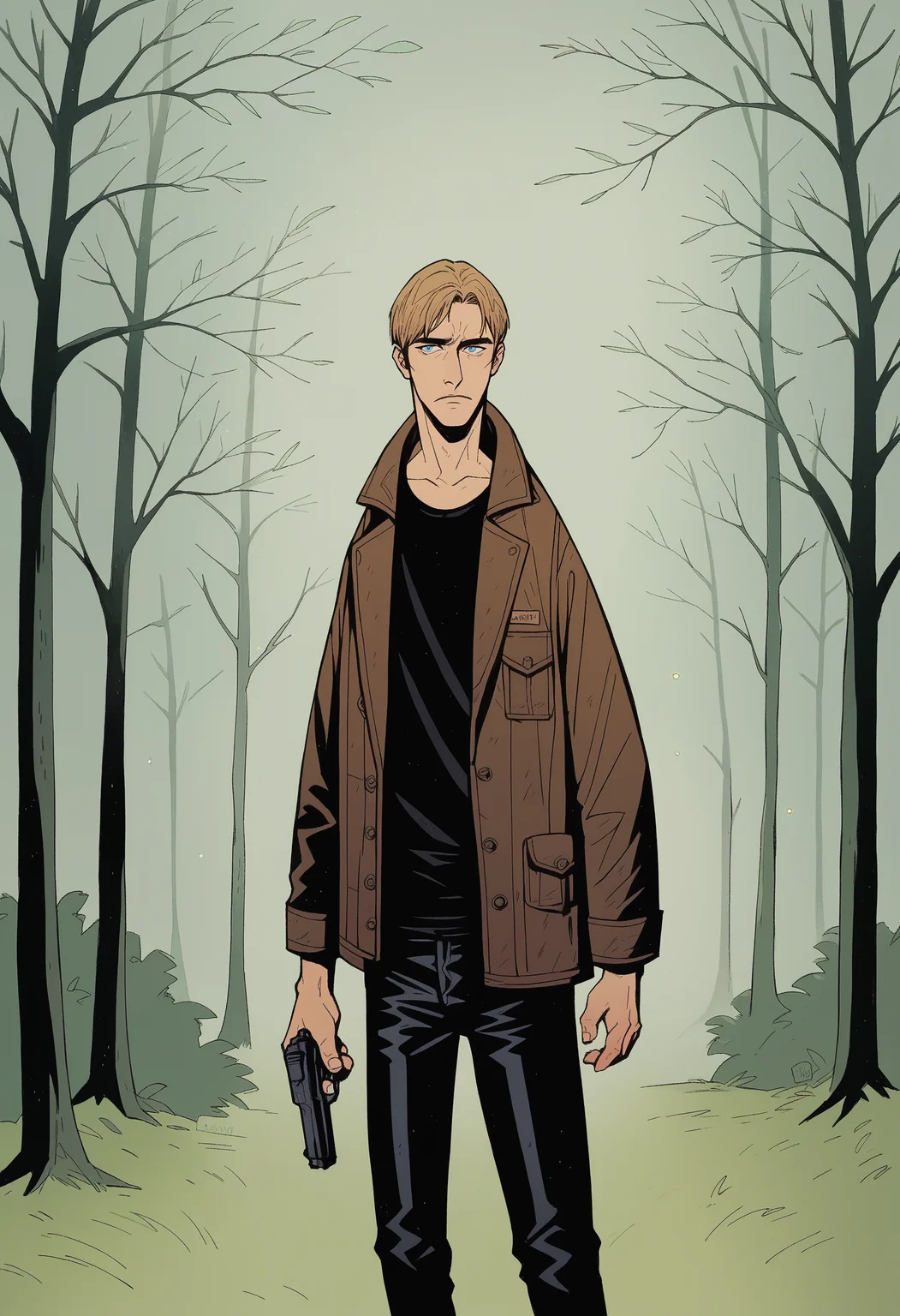 score_9, score_up_7, <lora:Mike_Mignola-guy90-Pony-Lycorisv1:1> alomik, 1boy, solo, leon s. kennedy, night, leather jacket, black pants, black shirt, brown jacket, handgun, forest