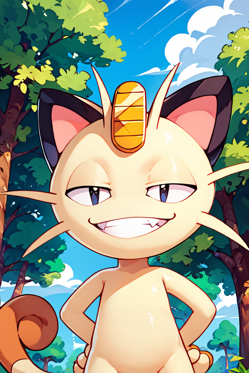 score_9, score_8_up, score_8,  ,,,  zzMeowth, looking at viewer, smile, outdoors, sky, day, grin, black eyes, tree, blue sky, meme, smug,  ,<lora:MeowthPokedexPDXL:0.8>,   ,,, ,,, embedding:zPDXL, Expressiveh, <lora:CatalystStylePDXL:0.6>,  <lora:SDXLFaeTastic2400:0.5>,  <lora:Expressive_H-000001:0.4>,