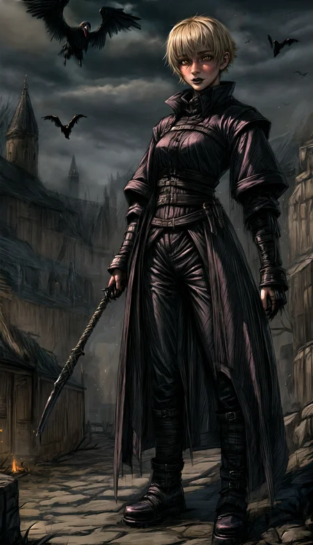 medieval, fantasy, spooky, crow, flying black raven,
 straight-on,(female:1.2), adult, blonde hair, very short hair, trimmed hair, wide jaw, small nose, (black eye color:0.8), brown eye color, dominant, 
HD, very detailed, 
 <lora:Evil:1.0>, evilrealm <lora:Bloodborne:0.4>,  <lora:more_details:1.0> ,<lora:Gothic_Outfit:0.7> gothout,  <lora:buzzcut_hairstyle:0.3> buzzcut_heairstyle