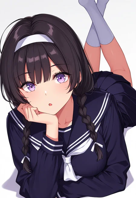 Smooth Quality,masterpiece,very intricate, high quality details, ultra realistic, high detailed skin,detailed enviorement,absurdres,
<lora:Suzune_Kagami_CNR:0.8> susune_cnr,black hair, long hair, twin braids,purple eyes, medium breasts,white hairband, school uniform,black serafuku,pleated skirt,black skirt, blue shirt, long sleeves,kneehighs, socks,, simple background, white background, from below,solo,
lying on stomach, legs bent upward, ankles crossed, arms folded under chin ,, :o,
