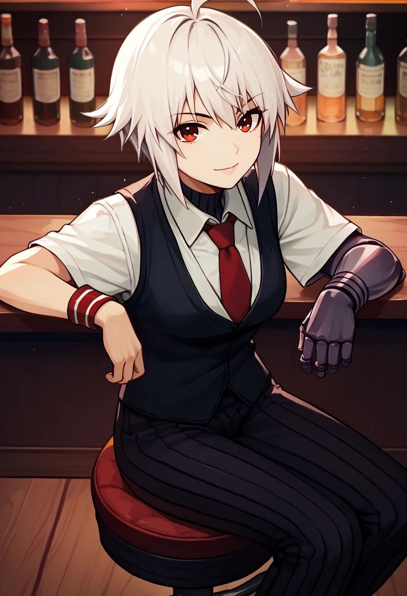score_9, score_8_up, score_7_up, solo, 1girl, dana zane, mechanical arms, single mechanical arm, smile, looking at viewer, sitting, bar stool, white hair, ahoge, black vest, white shirt, collared shirt, red necktie, short sleeves, black pants, vertical-striped pants, wristband, indoors, bar \(place\) <lora:va-11ha11a_danazane_ponyXL-000010:1>