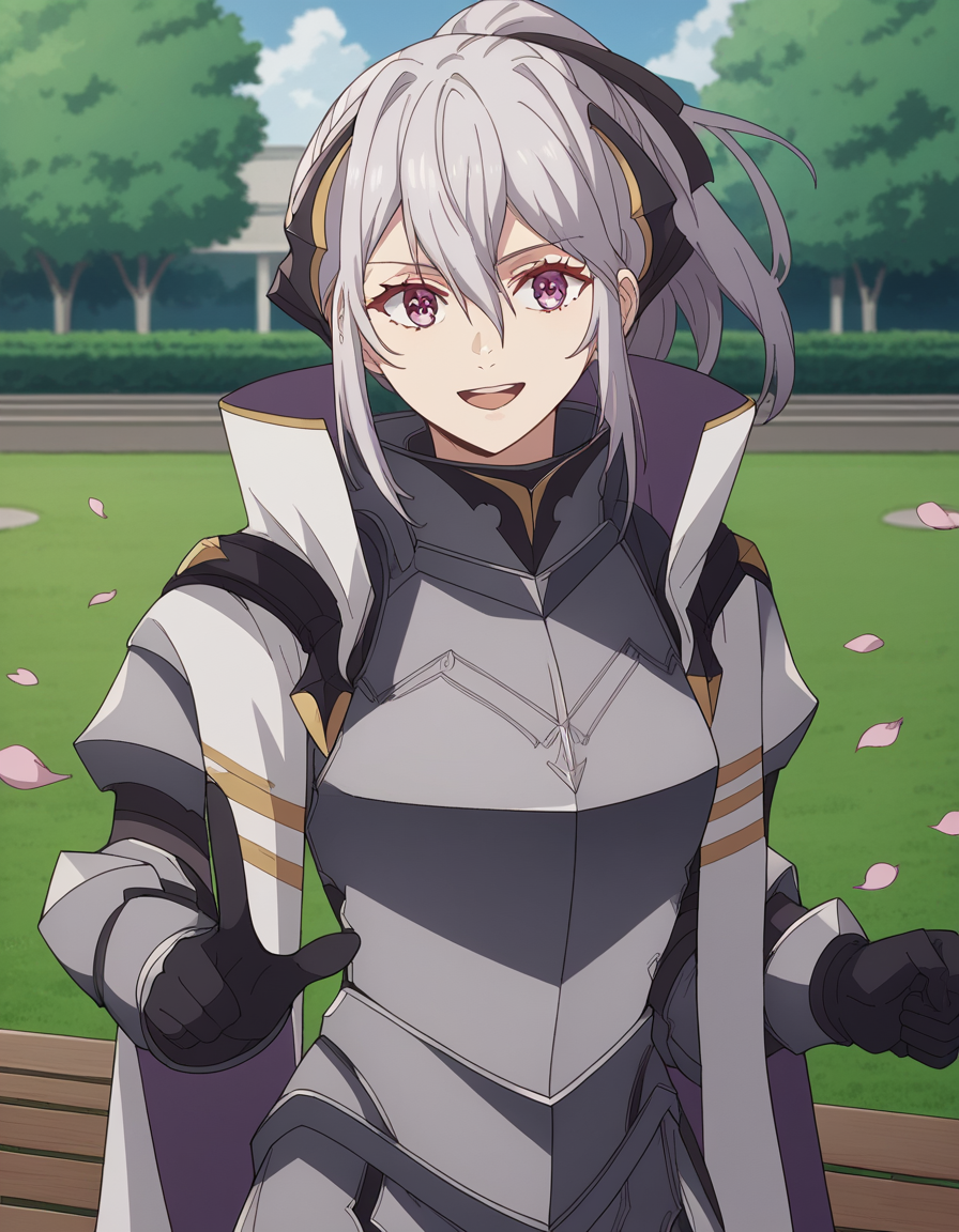score_9, score_8_up, score_7_up, source_anime, <lora:jeanne-e-anise-s1-ponyxl-lora-nochekaiser:1>, jeanne e anise, bangs, purple eyes, ponytail, hair ribbon, black ribbon, hair between eyes, grey hair, medium breasts,, gloves, black gloves, cape, armor, breastplate, park, cherry blossoms, bench, gentle breeze, peaceful, running, open mouth,, , looking at viewer, v, v over mouth, smug,, solo,, cowboy shot, dutch angle