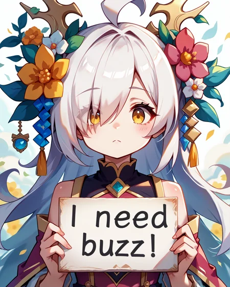 score_9, score_8_up, score_7_up,source_anime, drysw, long_hair, hair_ornament, white_hair, hair_flower, hair_over_one_eye, masterpiece, holding blank sign, upper body, sign saying (need buzz for my LoRA), looks down, yellow eyes