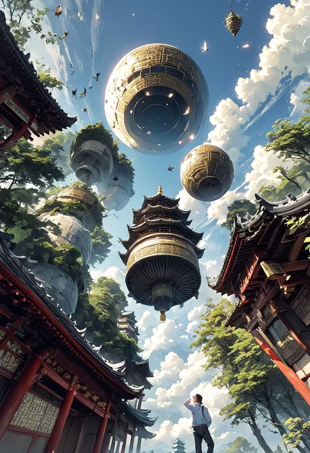 bug, sky, pagoda, torn pants, multiple boys, forehead mark, blurry, ofuda, holding cup, plant