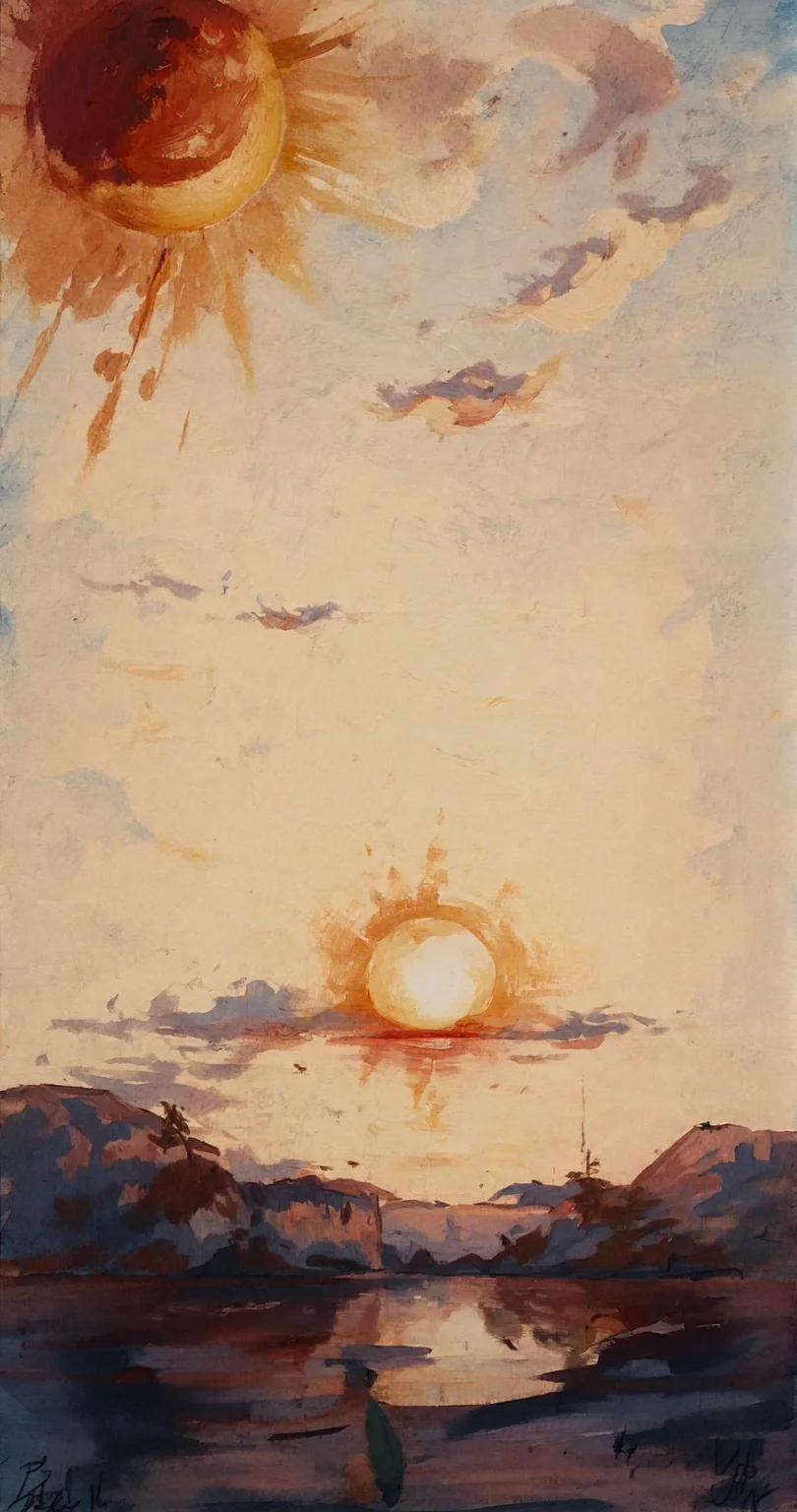 <lora:nathaniel-hone-the-younger_pony_v1:1.1> 'painting' by nathaniel hone the younger in 1890, general outdoors, traditional media, scenery, a Kazachstanian steppe,red sun dawn,lighting sky clouds, score_9, score_6_up, score_7_up