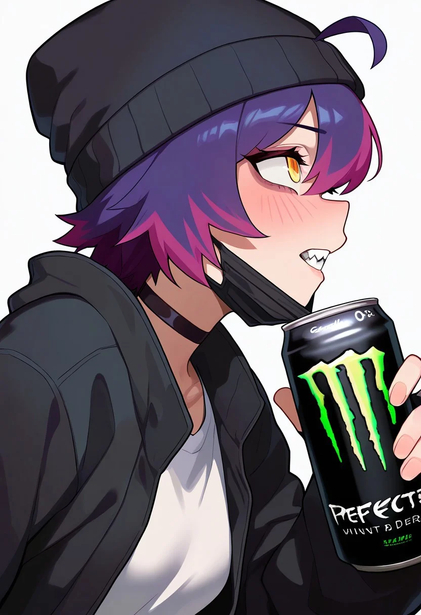 masterpiece, best quality, very aesthetic, high resolution, ultra-detailed, absurdres, newest, extremely detailed eyes, beautiful, perfect lighting, hi res, amazing quality, very awa, Brightly Lit, Highly Visible, 8k, sharp focus, beautiful, perfect lighting, volumetric lighting, scenery, painting_(artwork), PMN_STL, monster energy, black hair, 1girl, yellow eyes, white background, female focus, purple hair, simple background, holding can, multicolored hair, hat, ahoge, mouth mask, energy drink, black jacket, fingerless gloves, beanie, short hair, from side, black choker, parted lips, black headwear, shirt, upper body, mask pull, long sleeves, open jacket, torn clothes, profile, two-tone hair, teeth