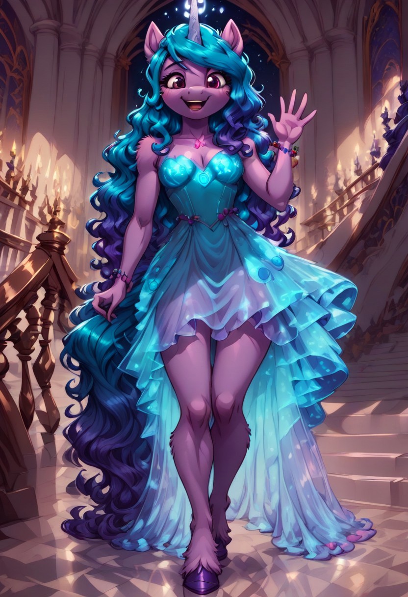 score_9, score_8_up, score_7_up, anthro,
(((Izzy Moonbow))), unicorn,
facing viewer, front view, female focus, view from chesthight,
g5, pony, female, mare, tail, dock, solo, 1girl, highly detailed, beautiful, detailed eyes, detailed fur, beautiful eyes, (tall), ((perfect body proportions), (beautiful long legs),
small breasts, show accurate skin colour,
long hair, fluffy hair, biggest hair,
(((walking ((down)) a grand staircase))), (((waving to viewer))), ((happy, excited, smiling at viewer invitingly)),
(((wearing a beautiful, eyecoloured, bioluminescent, shoulderfree ballgown))), glowing ballgown,
BREAK,
highly detailed background, (((nighttime))), night
inside Canterlot castle, ballroom, ((grand staircase)), mirror marble floor, (((dimmed lights in the room))),