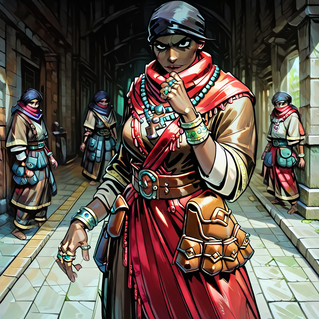 score_9, score_8_up, score_7_up, masterpiece, best quality, newest, absurdres, highres, DDAntiq-V1.1, scarf, bandana, robe, dark-skinned female, dark skin, belt pouch, pouch, necklace, belt, ring, bracelet, DDstyle, official style, black eyes, shaded eyes,