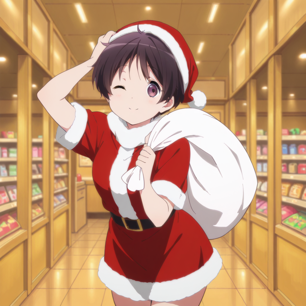 masterpiece, best quality, amazing quality,1girl, solo, love_chunibyo_other_delusions_kumin_tsuyuri ,one eye closed, hat, santa hat, santa costume, sack, short hair, smile, black hair, looking at viewer, shop, <lora:Kumin_Tsuyuri:0.7>