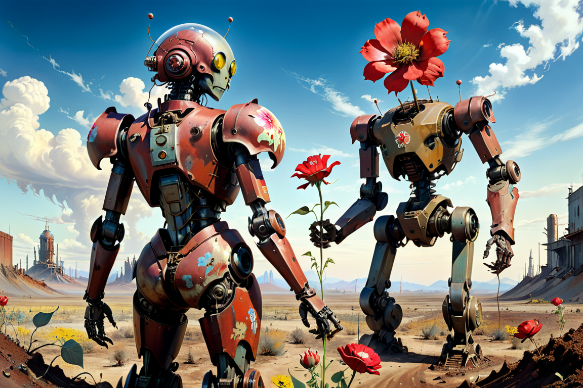 asymmetrical composition,  contrapposto, (art concept by Salvador Dali), (cute soviet punk mecha:1.6), (giving a flower to an alien), ultra-wide lens perspective, low angle perspective, grim, moody, surreal film, cinematic evening  light, (blood and dirt on the slightly rusty armor), extremely kinky parts, ethereal landscape,  <lora:xl_more_art-full_v1:0.6>  <lora:add-detail-xl:0.7>