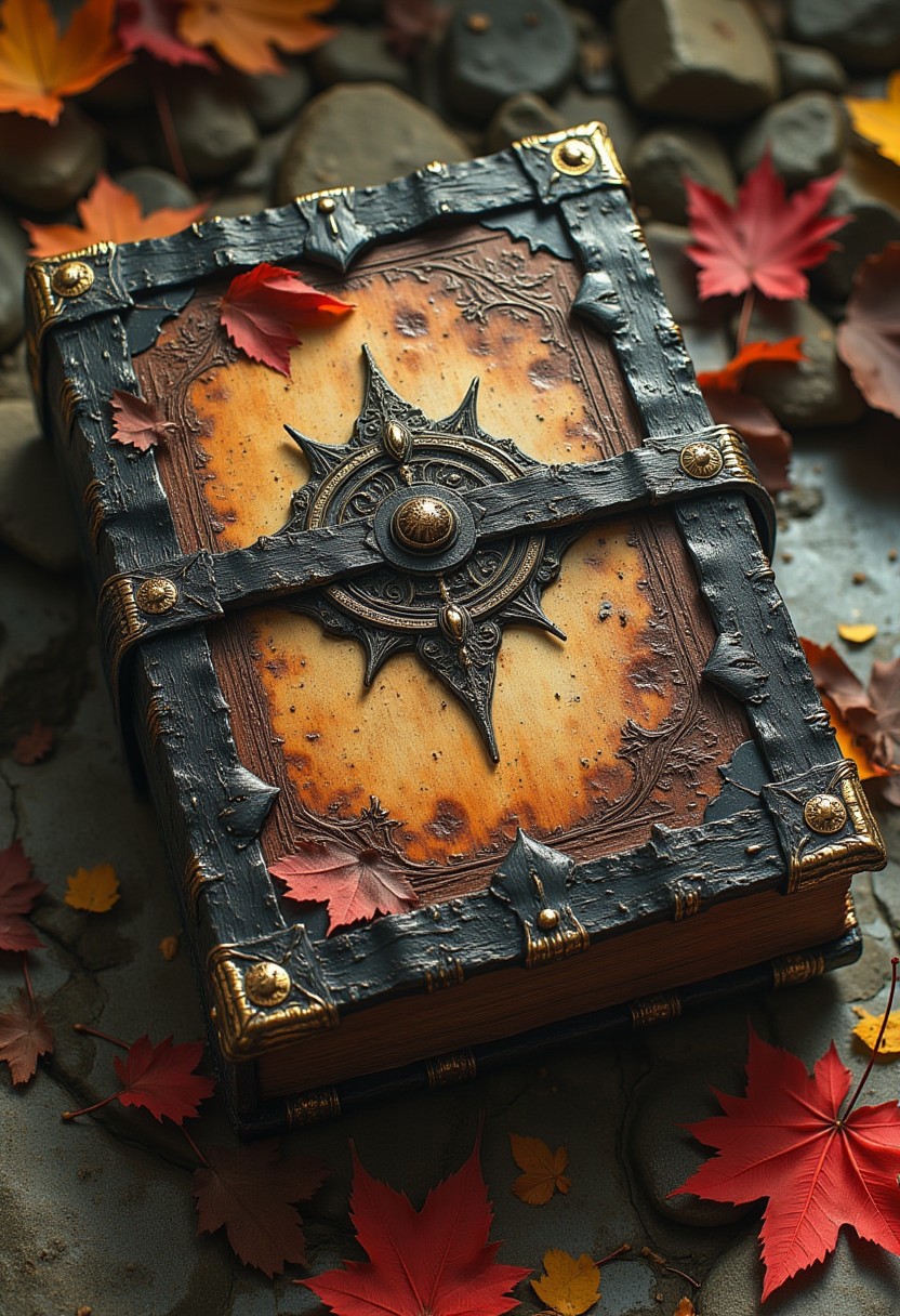 A thick, gnarled grimoire rests upon a stone altar, its cover a twisted mass of cracked leather and tarnished metal corners. The pages are brittle, crumbling with the scent of ancient ink and dust. Along the spine, pulsating veins of black and gold seem to be alive, crawling toward the faded sigils etched into the cover. As the autumn wind sweeps through the trees, the leaves swirl in a whirlwind of crimson and amber around the book. The faint whispers of distant spirits echo as you approach.
Etched on the cover: “Whispers of the Withered, Echoes of Eternity.”