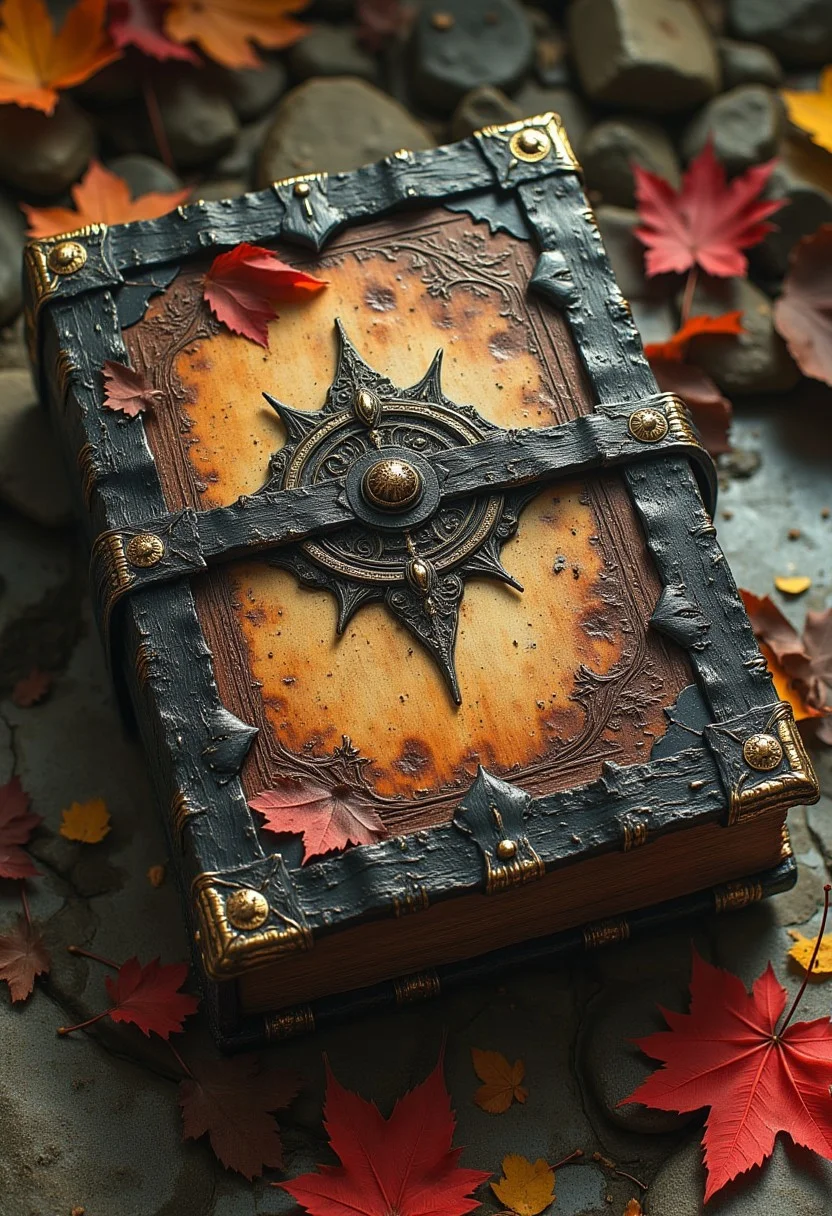A thick, gnarled grimoire rests upon a stone altar, its cover a twisted mass of cracked leather and tarnished metal corners. The pages are brittle, crumbling with the scent of ancient ink and dust. Along the spine, pulsating veins of black and gold seem to be alive, crawling toward the faded sigils etched into the cover. As the autumn wind sweeps through the trees, the leaves swirl in a whirlwind of crimson and amber around the book. The faint whispers of distant spirits echo as you approach.
Etched on the cover: “Whispers of the Withered, Echoes of Eternity.”