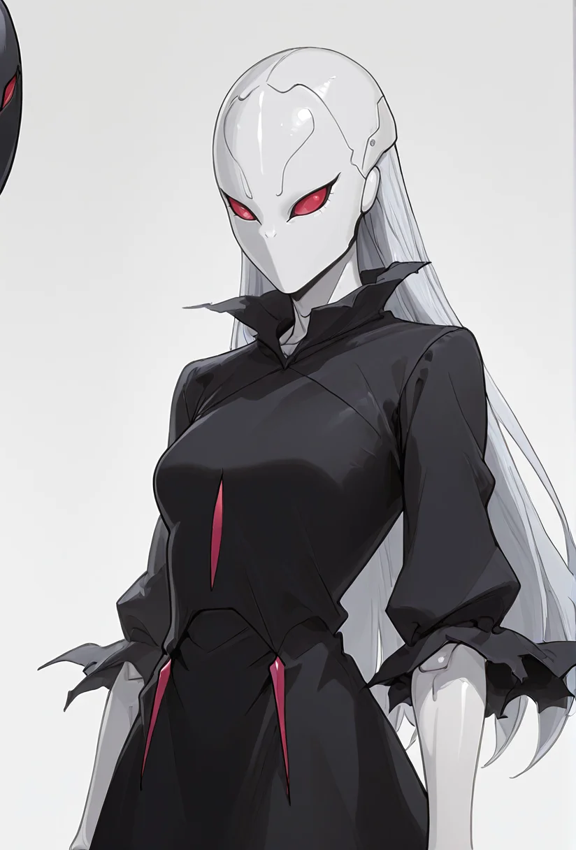 Smooth Quality,masterpiece,very intricate, high quality details, ultra realistic, high detailed skin,detailed enviorement,absurdres,
simple background, white background,
sway back,despair,
<lora:Berettacnn:0.8> beretacnn,.1girl, long hair,red eyes, (mask:1.1), black dress,silver hair, doll joints, no humans, no mouth,