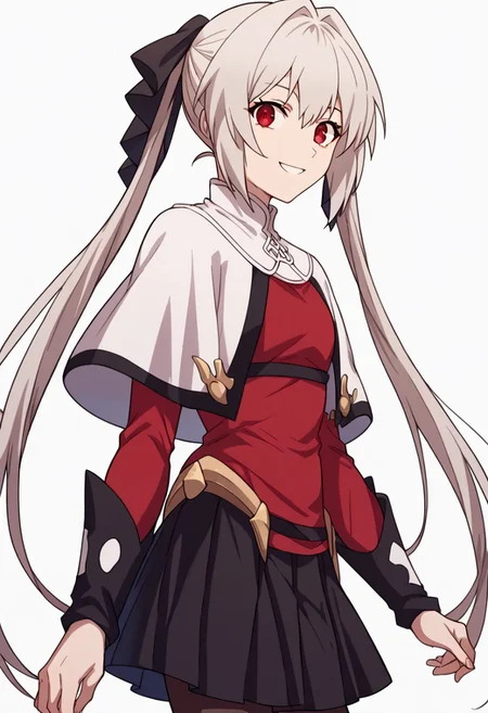 score_9, score_8_up, score_7_up, source_anime, <lora:lynneburg-clays-s1-ponyxl-lora-nochekaiser:1>, lynneburg clays,
long hair, red eyes, twintails, grey hair, hair intakes, hair ribbon, pantyhose, capelet, white capelet, dress, red dress, long sleeves, skirt, black skirt, pleated skirt,
white background,
smile, looking at viewer, smile, from side, solo, cowboy shot, dutch angle
