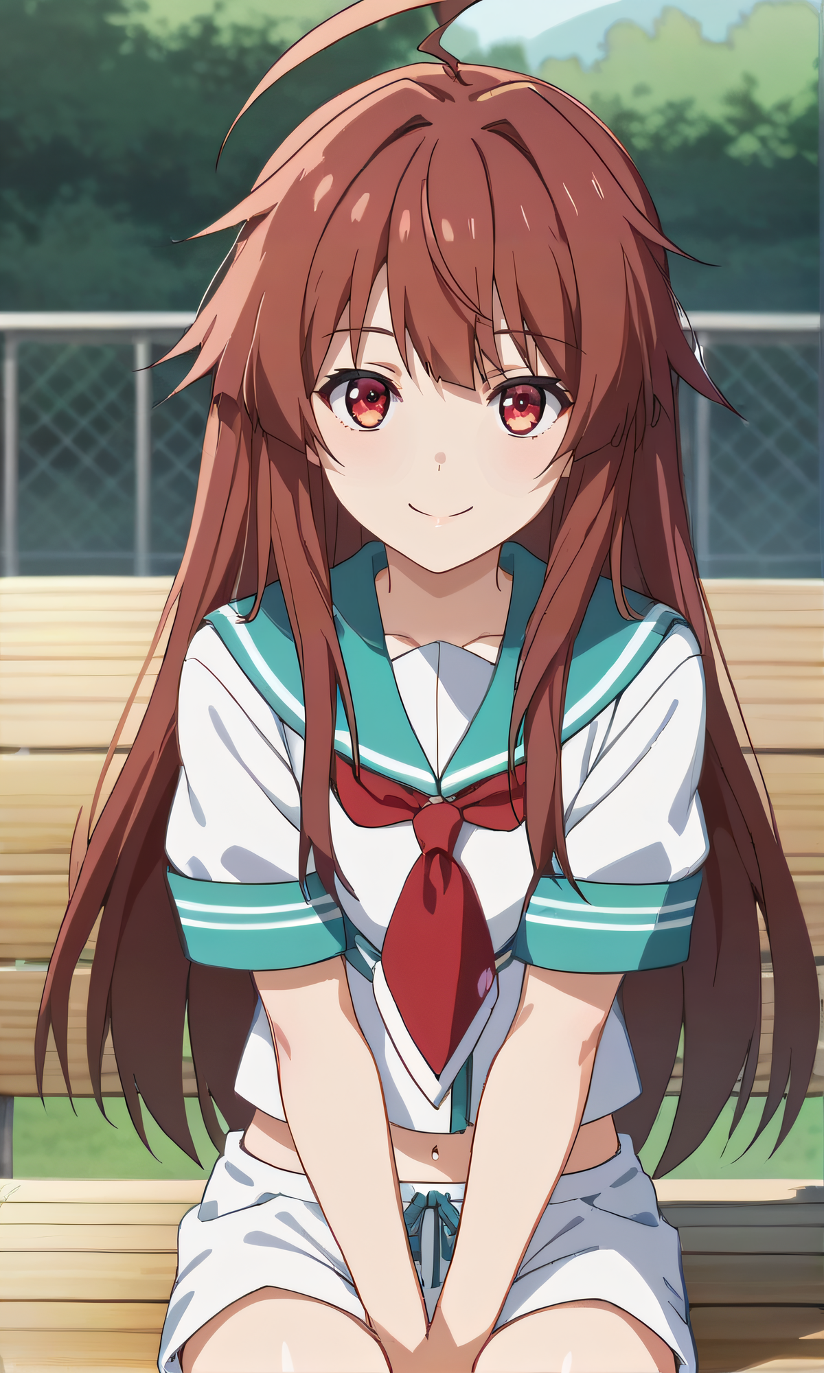 score_9, score_8_up, score_7_up, source_anime, rating_safe, intricate details, anime screencap, official style, anime coloring, 1girl, solo, <lora:Kuma:1>, kuma, long brown hair, red eyes, serafuku, navel, short sleeves, white shorts, looking at viewer, smile, outdoor cowboy shot, arms together, sitting