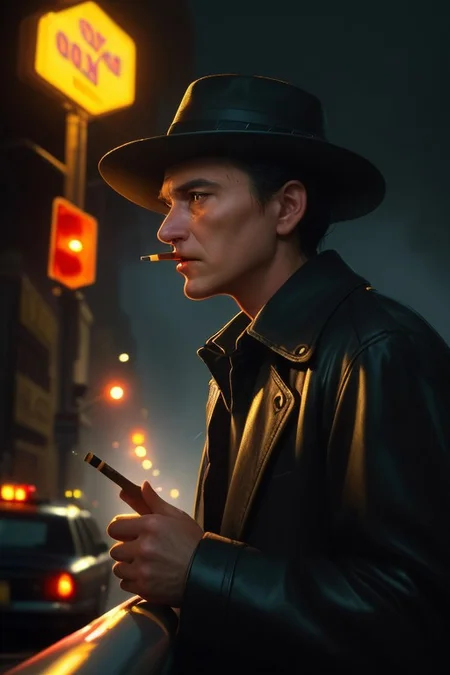 (ultra high res:1.4), (masterpiece), (beautiful lighting:1.4) , raw movie poster, (masterpiece, best quality:1.5), 50s old noir cinema; New York, night, fog and rain, taxi cab; an old detective in a hat, smoking a cigarette; dramatic light, cinematic, dark, moody light, film grain, kodak film, old film colors, IMAX 135mm