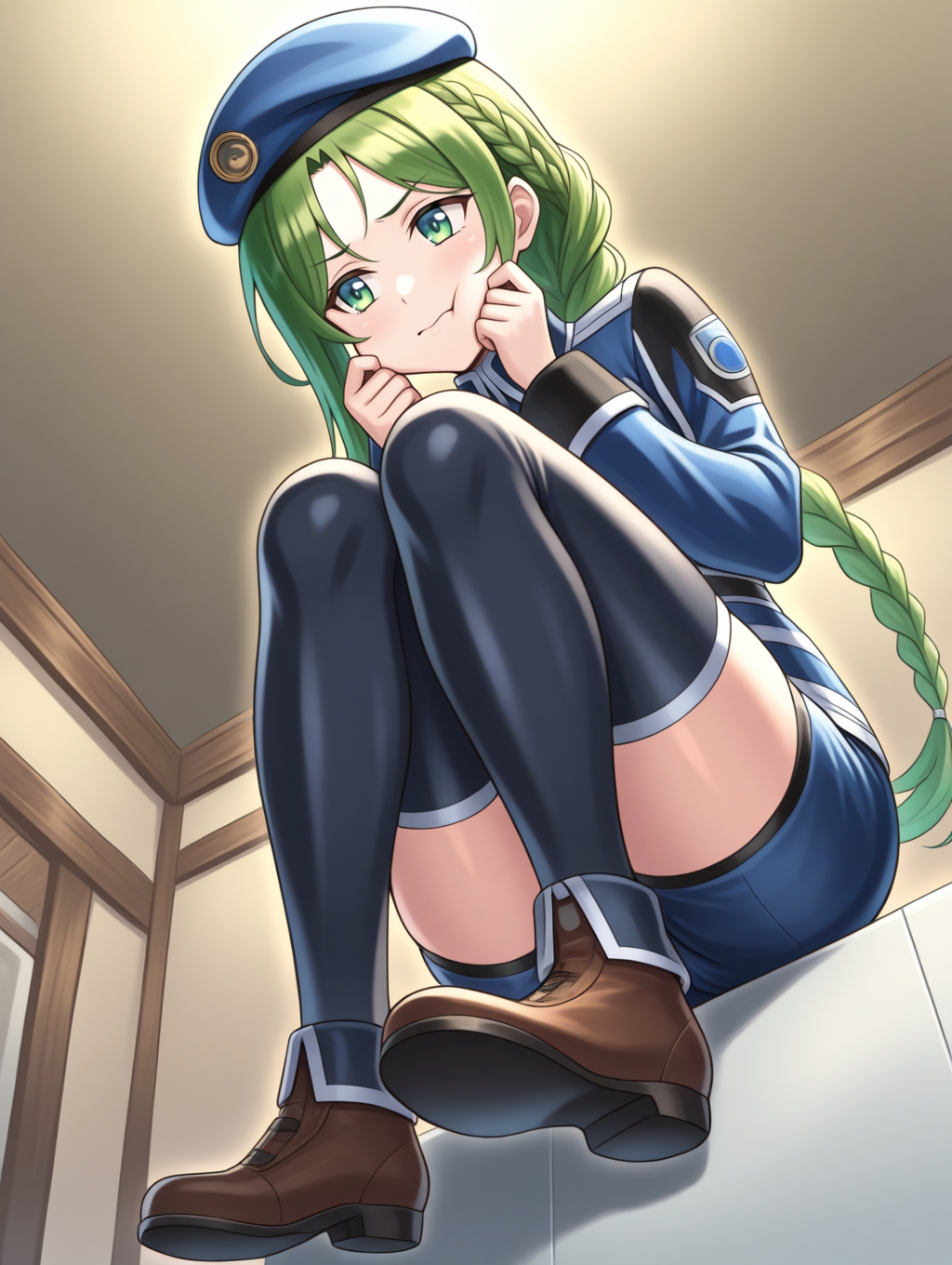 perfect quality,best quality,absolutely eye-catching,ambient occlusion,raytracing BREAK
1girl,<lora:annnu rennpou IL v1.1:0.8>,rennpou,green eyes,green hair,(single braid ponytail:1.2),beret,military uniform,long sleeves,shorts,thighhighs,shoes,, from below, looking away,portrait,leaning_on_object,cheek_pinching,hands_on_hips,knees_to_chest,
