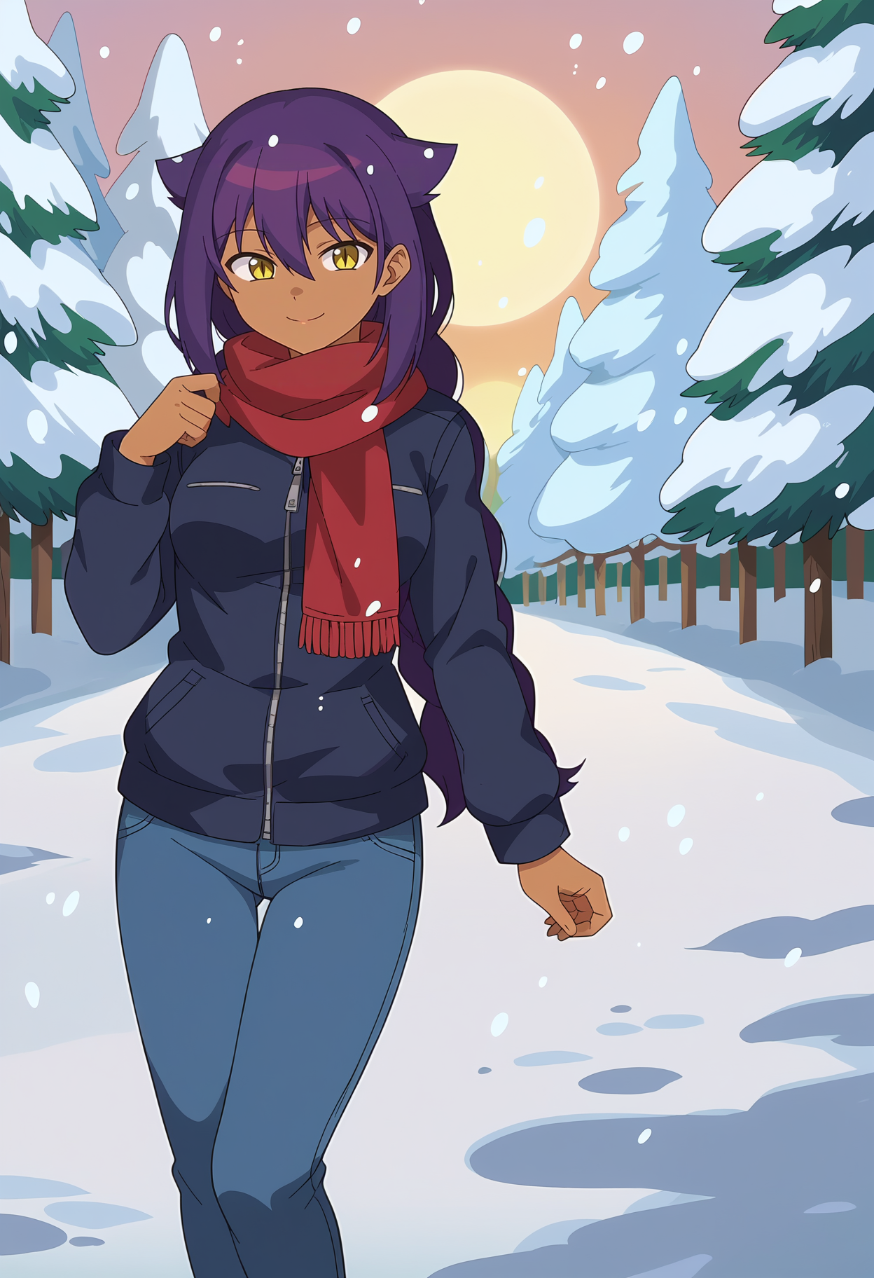 score_9, score_8_up, <lora:TheGreatJahySamaXL_Exotica:1>, 1girl, solo, very long purple hair, medium breasts, hair between eyes, yellow eyes, single braid, sidelocks, dark skin, dark-skinned female, slit pupils, hair flaps, winter jacket, blue jeans, red scarf, black headwear, winter, snow, snowing, scenic, scenery, happy, snowy forest, anime screencap, anime coloring, source_anime