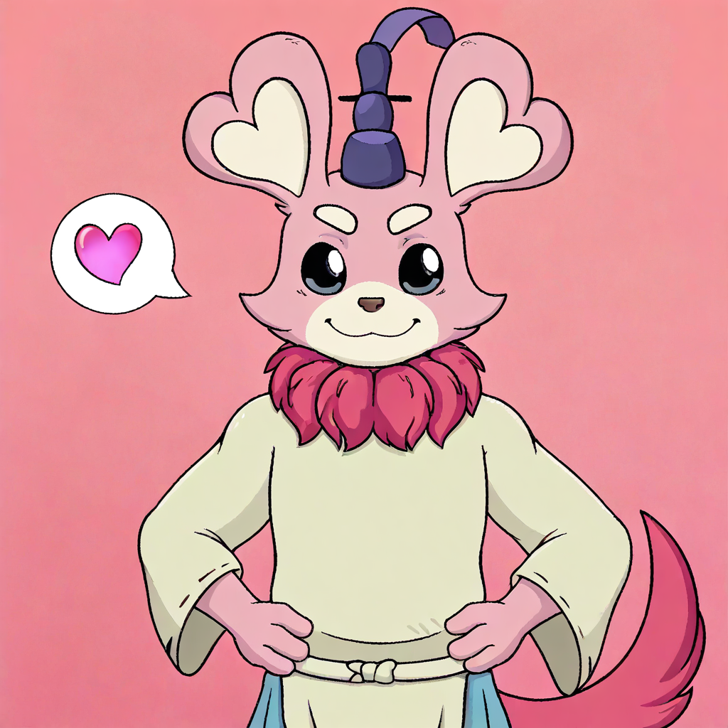 Male focus, male only, 1boy, masculine, furry, Pinkipoo, pink fur, white eyebrows, hot pink tail, hot pink neck tuft, furry male, solo, japanese clothing, hat, upper body focus, face close up, hands on hips, looking at viewer, smile, spoken heart, pink background