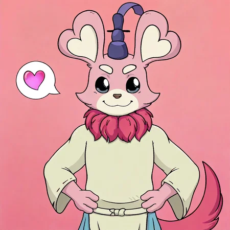 Male focus, male only, 1boy, masculine, furry, Pinkipoo, pink fur, white eyebrows, hot pink tail, hot pink neck tuft, furry male, solo, japanese clothing, hat, upper body focus, face close up, hands on hips, looking at viewer, smile, spoken heart, pink background