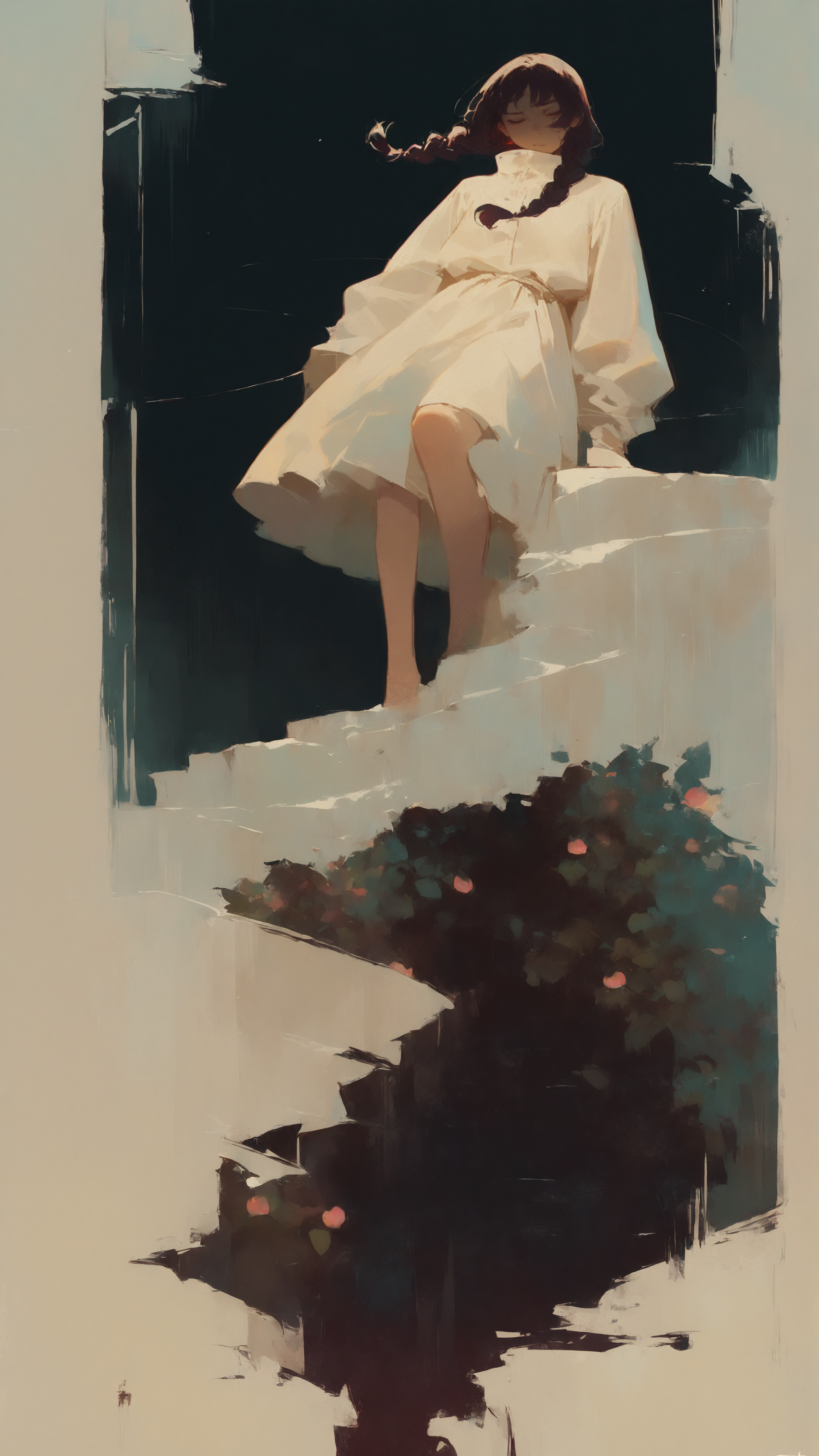 masterpiece, newest,absurdres,incredibly absurdres, best quality, amazing quality, very aesthetic,
1girl, climbing across rocky slope, determined expression, fitted high-collar blouse, asymmetrical layered skirt with torn hem, utility belt with pouches, dark auburn hair in twin braids tied with string, loose strands sticking to face, wind, navy theme, rust theme, cream theme, cobalt hue, peach hue, broken shadows on stone, distant valley,
<lora:0__11Xx:1> 0__11Xx_illu, <lora:style1_v1_Illusv2.0_1:1> stylized