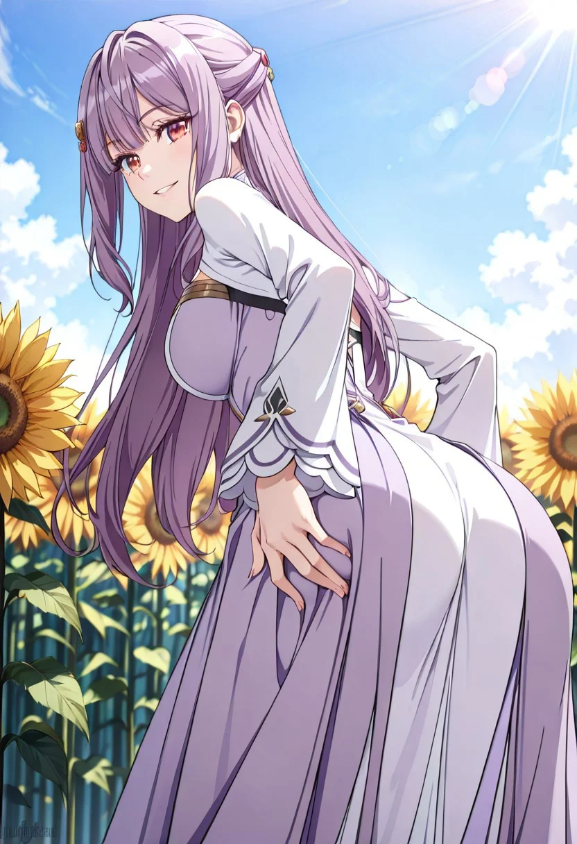 score_9, score_8_up, score_7_up, dynamic view, looking_at_viewer, 1girl, 
masterpiece, best quality, bokeh, luminescent background,
(  mia adenauer,,
   purple hair, long hair,  hair between eyes, bangs, hair ornameny, hair flower,  red eyes, medium brests, 
, dress, two-tone dress, purple dress, white dress, sidelocks, long sleeves, white shoes,, )
outdoors, leaning forward, from behind, cowboy shot, looking back, looking at viewer, sunflower, blue sky, blurry, blurry background, hand on own ass, grabbing own ass, ass grab, parted lips, seductive smile