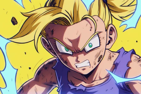 source_anime, score_9, score_8_up, score_7_up, anime screencap, absurdres, high quality,
bra \(dragon ball\), multiverse, comic, solo, looking at viewer, blonde hair, simple background, 1girl, green eyes, upper body, angry, teeth, torn clothes, spiked hair, clenched teeth, yellow background, serious, arms by side, dougi, super saiyan, dirty face, v-shaped eyebrows ponytail,
<lora:Bra_v2:0.8>