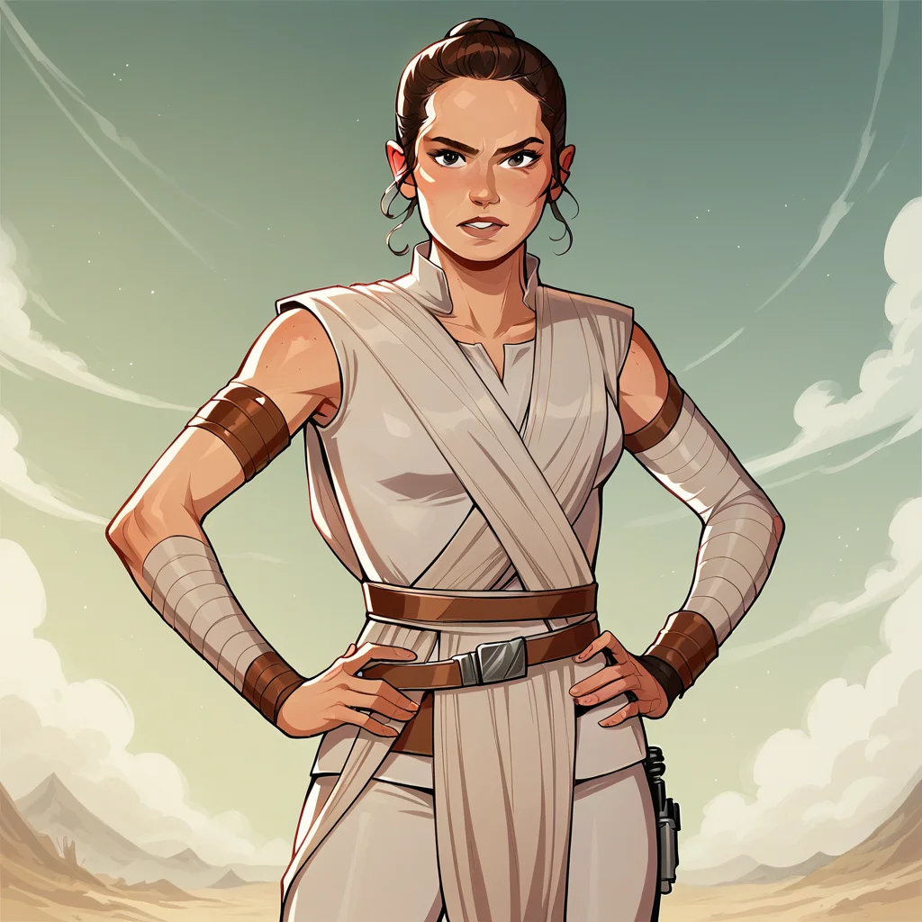 score_9_up, score_8_up, Rey, 1girl, solo, brown hair, brown eyes, sleeveless, jedi, white cloth, white pants, arm wrap, <lora:ReySkywalker_PXL_Leaf1:1>, looking at viewer, hands on own hips,