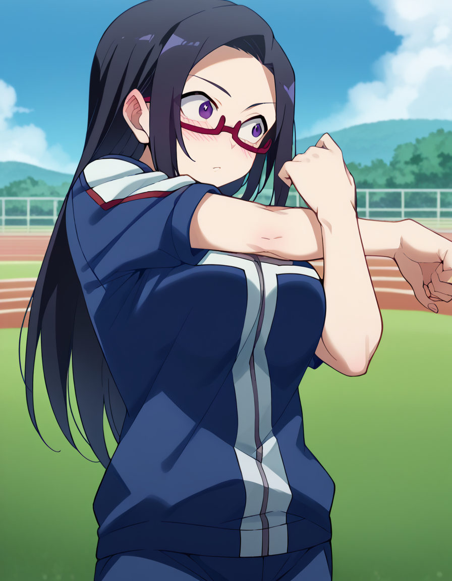 score_9, score_8_up, score_7_up, source_anime, <lora:sakie-satou-s1-ponyxl-lora-nochekaiser:1>, sakie satou, long hair, black hair, purple eyes, glasses, semi-rimless eyewear, red-framed eyewear, under-rim eyewear, large breasts, <lora:ua-gym-uniform-ponyxl-lora-nochekaiser:1> ua gym uniform, u.a. gym uniform, blue track suit, blue pants, blue shirt, short sleeves,, blush, track and field, <lora:cross-body-stretch-ponyxl-lora-nochekaiser:1> cross-body stretch, stretching, arm across chest, exercising,, cowboy shot,