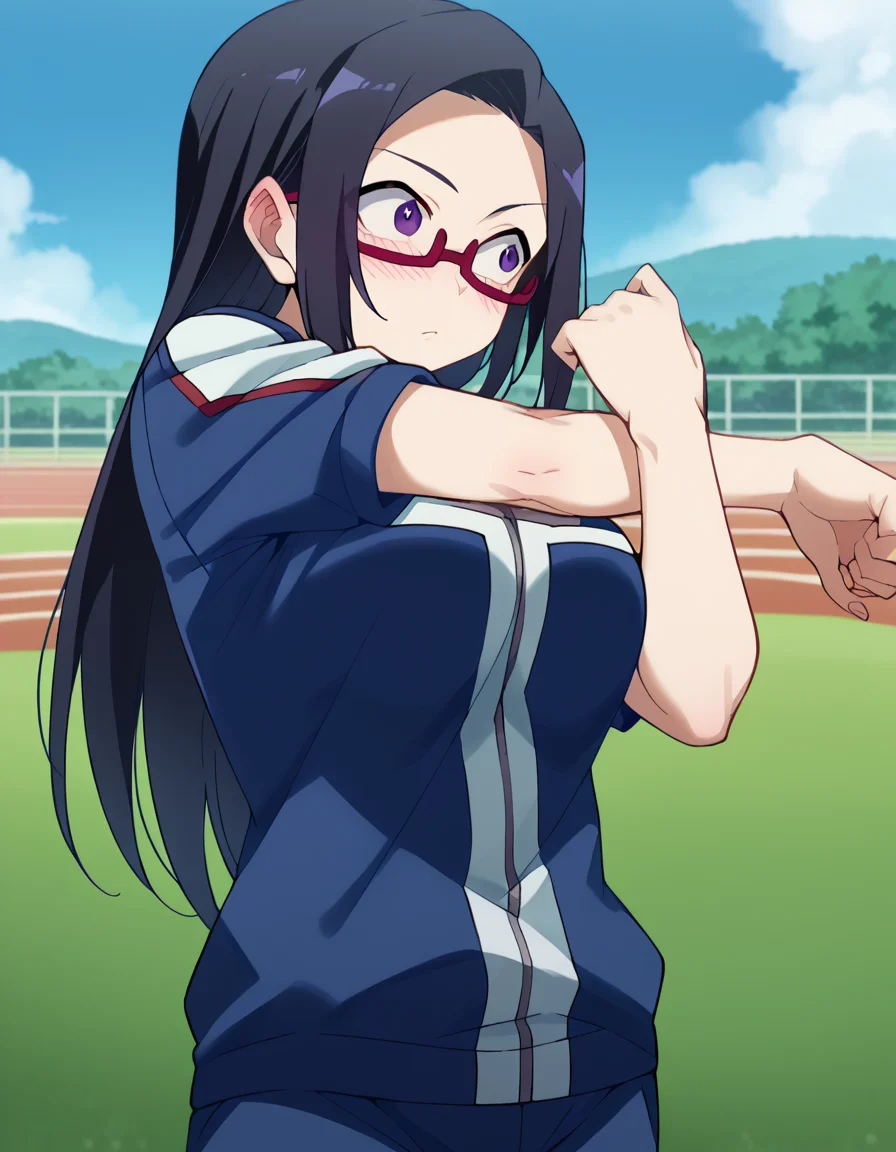 score_9, score_8_up, score_7_up, source_anime, <lora:sakie-satou-s1-ponyxl-lora-nochekaiser:1>, sakie satou, long hair, black hair, purple eyes, glasses, semi-rimless eyewear, red-framed eyewear, under-rim eyewear, large breasts, <lora:ua-gym-uniform-ponyxl-lora-nochekaiser:1> ua gym uniform, u.a. gym uniform, blue track suit, blue pants, blue shirt, short sleeves,, blush, track and field, <lora:cross-body-stretch-ponyxl-lora-nochekaiser:1> cross-body stretch, stretching, arm across chest, exercising,, cowboy shot,