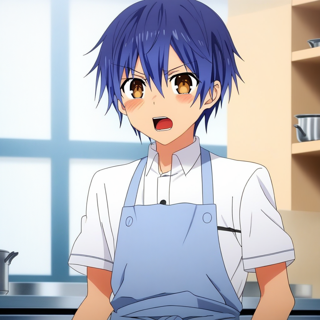 itsuka shido, 1boy, male focus, solo, blue hair, brown eyes, sweatdrop, open mouth, apron, upper body, indoors