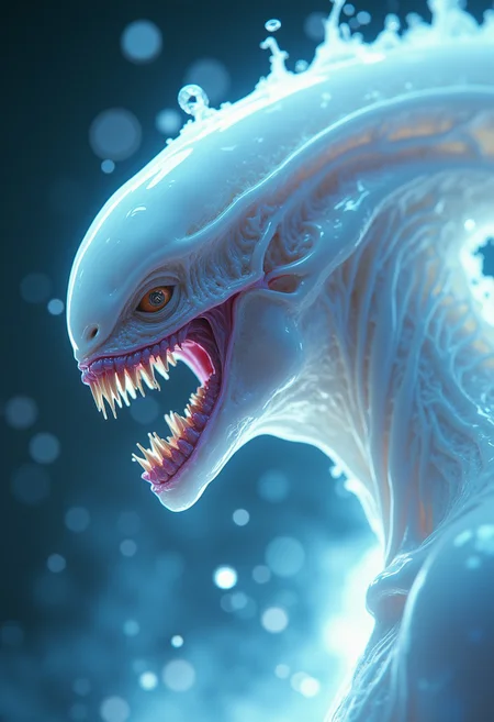 masterpiece, closeup portrait of white xenomorph queen, translucent, transparent, reflective, neon splash art.  highest definition, HD32K, wallpaper, hyperdetailed, concept art