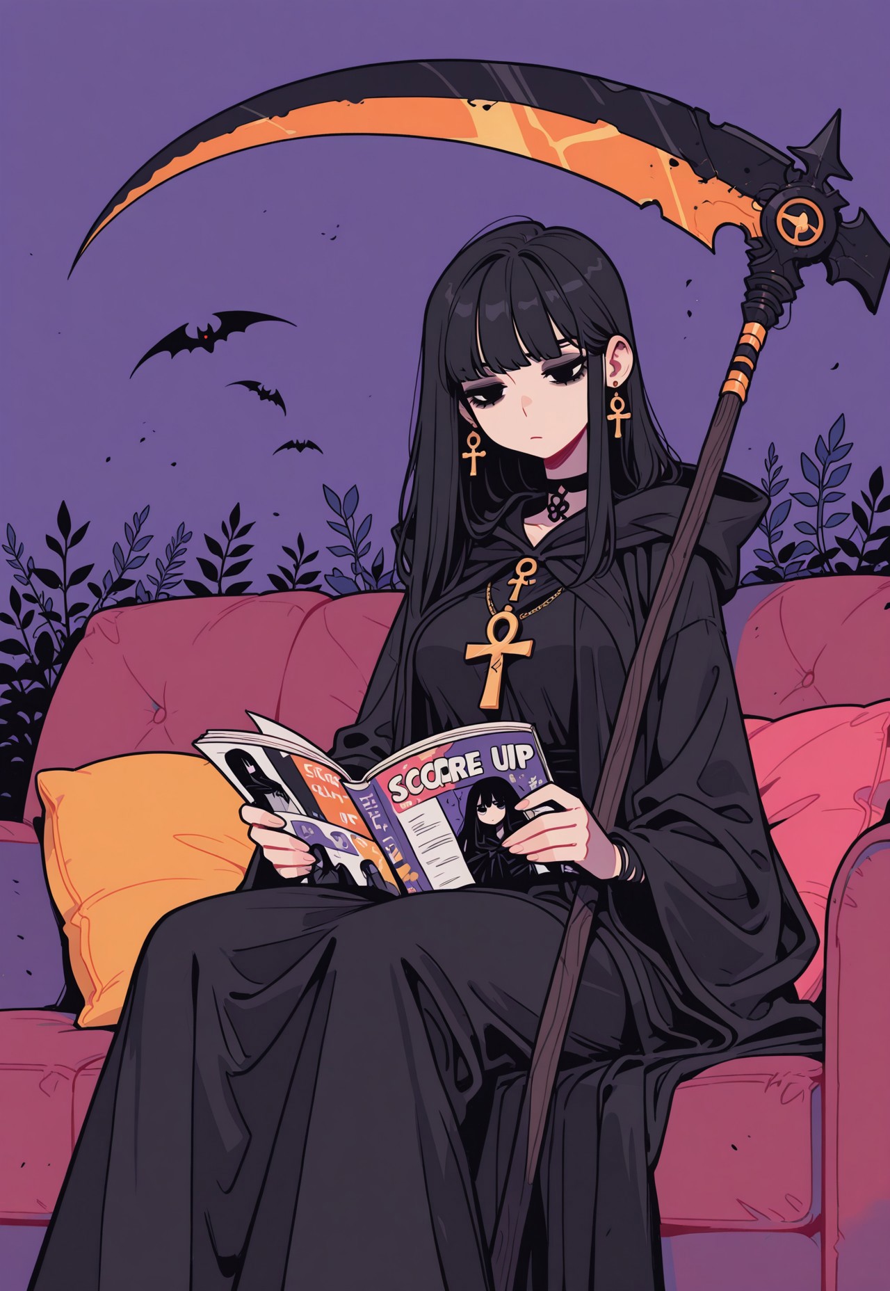score_9, score_8_up, score_7_up, masterpiece, best quality, very aesthetic, incoth, (incase:0.6), detailed face, (dynamic:1), 1woman, black hair, long hair, black eyes, relaxing, sitting on couch, lounging, black robes, black cloak, ankh amulet, huge scythe, reading magazine, browsing, bored, (goth:0.6), stylized background, Flatline, Flat vector illustration