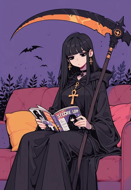 score_9, score_8_up, score_7_up, masterpiece, best quality, very aesthetic, incoth, (incase:0.6), detailed face, (dynamic:1), 1woman, black hair, long hair, black eyes, relaxing, sitting on couch, lounging, black robes, black cloak, ankh amulet, huge scythe, reading magazine, browsing, bored, (goth:0.6), stylized background, Flatline, Flat vector illustration
