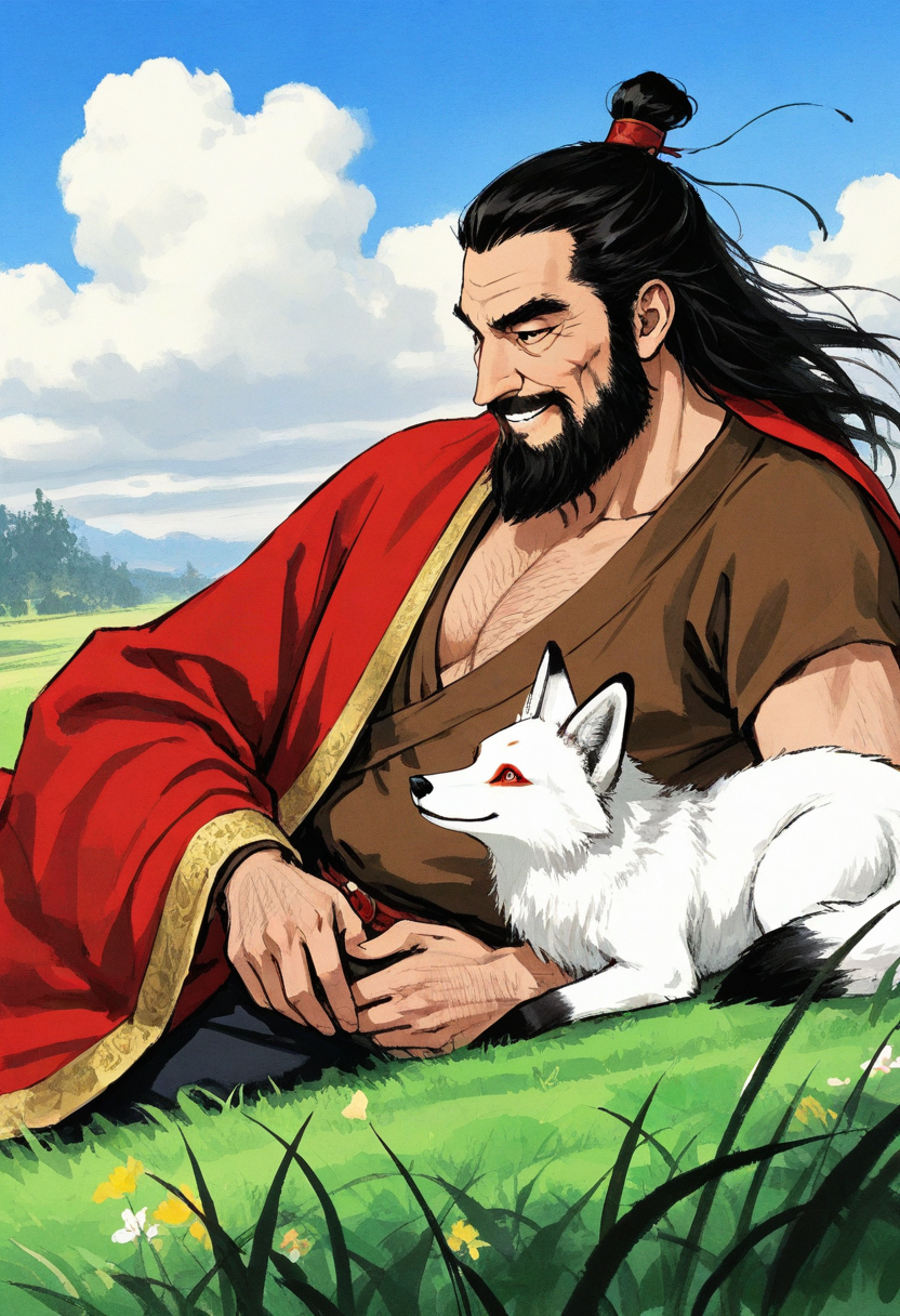 1boy, upper body, sitting, from side, smile, gentle smile, on grass, holding fox, white fox, lying, on back, dutch angle,
BREAK
ming dynasty, chinese emperor, chinese clothes, brown shirt, red cloak, red imperial robe, golden trim, topknot,
BREAK
old man, black eyes, black hair, long hair, beard, hairband, thick eyebrows, long sideburns, thick mustache,
[nipples, large pectorals, belly, pectoral cleavage], [chest hair, arm hair, navel hair, leg hair],
BREAK
blue sky, cloudy sky, gentle breeze, willows, calm atmosphere, peaceful scenery,
BREAK
<lora:Ink_wash_painting_style_v1.5:0.75>, traditional media,
BREAK
best quality, masterpiece, very aesthetic, absurdres, highest detailed, very awa, detailed background,