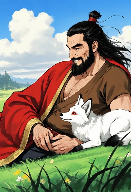 1boy, upper body, sitting, from side, smile, gentle smile, on grass, holding fox, white fox, lying, on back, dutch angle,
BREAK
ming dynasty, chinese emperor, chinese clothes, brown shirt, red cloak, red imperial robe, golden trim, topknot,
BREAK
old man, black eyes, black hair, long hair, beard, hairband, thick eyebrows, long sideburns, thick mustache,
[nipples, large pectorals, belly, pectoral cleavage], [chest hair, arm hair, navel hair, leg hair],
BREAK
blue sky, cloudy sky, gentle breeze, willows, calm atmosphere, peaceful scenery,
BREAK
<lora:Ink_wash_painting_style_v1.5:0.75>, traditional media,
BREAK
best quality, masterpiece, very aesthetic, absurdres, highest detailed, very awa, detailed background,