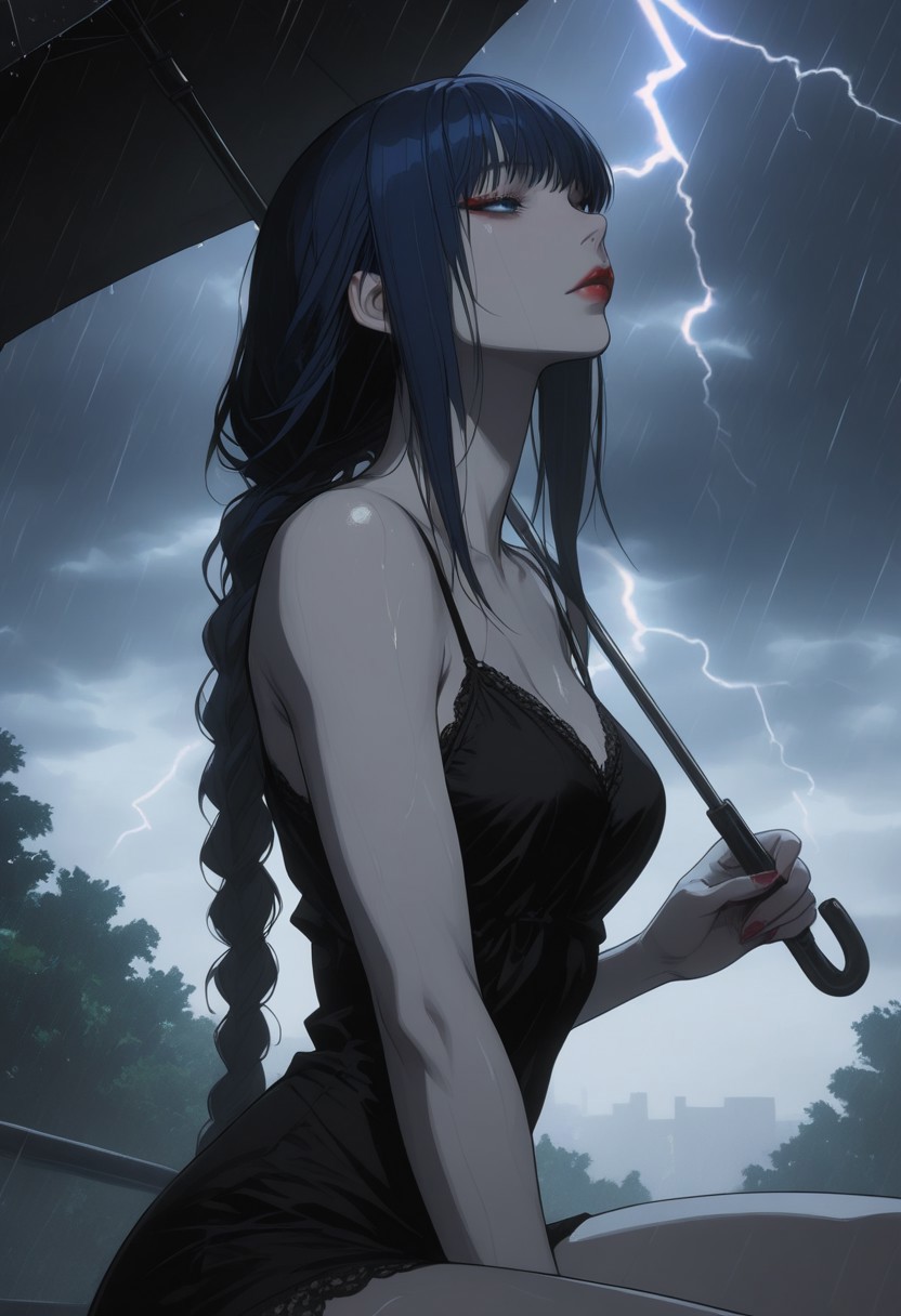 masterpiece, best quality, amazing quality, very aesthetic, detailed eyes, perfect eyes, realistic eyes, 
1woman, dark blue hair, ((hair in long single braid)), (((very long braid))), absurdly long hair, blue eyes, ((slim body)), fit slim, (small breasts), fair skin, dynamic angle, red lipstick, close up, portrait, face focus, headshot, partial side view, CCD
Wearing slender black dress, short dress, 
Sitting in a park, holding an umbrella above her, 
Heavy rain, dark stormy clouds, lightning, extremely dark,