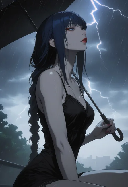 masterpiece, best quality, amazing quality, very aesthetic, detailed eyes, perfect eyes, realistic eyes,
1woman, dark blue hair, ((hair in long single braid)), (((very long braid))), absurdly long hair, blue eyes, ((slim body)), fit slim, (small breasts), fair skin, dynamic angle, red lipstick, close up, portrait, face focus, headshot, partial side view, CCD
Wearing slender black dress, short dress,
Sitting in a park, holding an umbrella above her,
Heavy rain, dark stormy clouds, lightning, extremely dark,