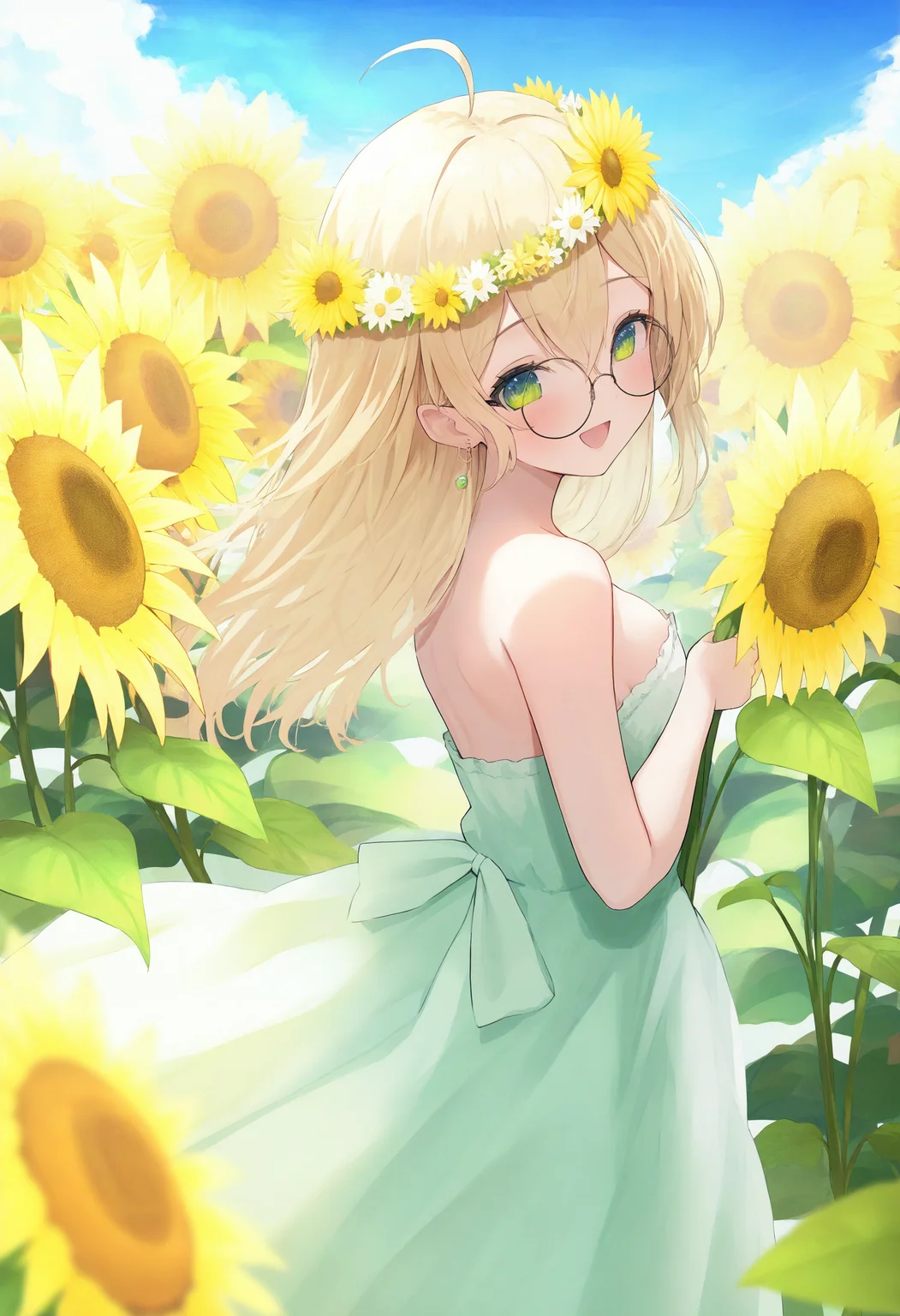1girl, sunflower, green eyes, dress, virtual youtuber, solo, flower, blonde hair, looking at viewer, glasses, outdoors, sky, smile, ahoge, long hair, cloud, blue sky, round eyewear, day, yellow flower, open mouth, white dress, head wreath, earrings, breasts, bare shoulders, hair between eyes, strapless, looking back, green dress, holding, sundress,
masterpiece,best quality,newest,absurdres,highres,very awa,<lora:negi1_noob1.1-000186:0.8>,