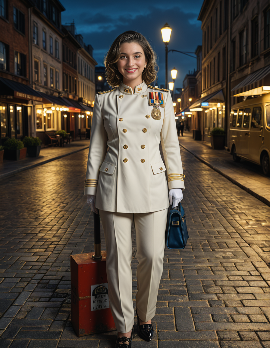 cowboy shot, looking at viewer,female_focus, medium close-up,,A woman wearing a Judge robe, epaulet, shirt, trousers, shoes, insignia, hammer, wig ,stands confidently in a bustling city street at dusk. The streetlights cast a warm glow on the pavement, and neon signs flicker in the background. The personâs white gloves contrast sharply against the dark outfit, adding a touch of elegance. A light evening mist rises from the ground, creating a cinematic atmosphere. Pedestrians pass by, some glancing curiously at the well-dressed figure. The cityscape features modern and old architecture, blending tradition with contemporary urban life.
<lora:SDXLFaeTastic2400:0.4> <lora:extremely_detailed:0.4> extremely detailed, Masterpiece,best quality,hi res,8k,hi res,8k,award winning,(sharp focus, intricate, highly detailed),