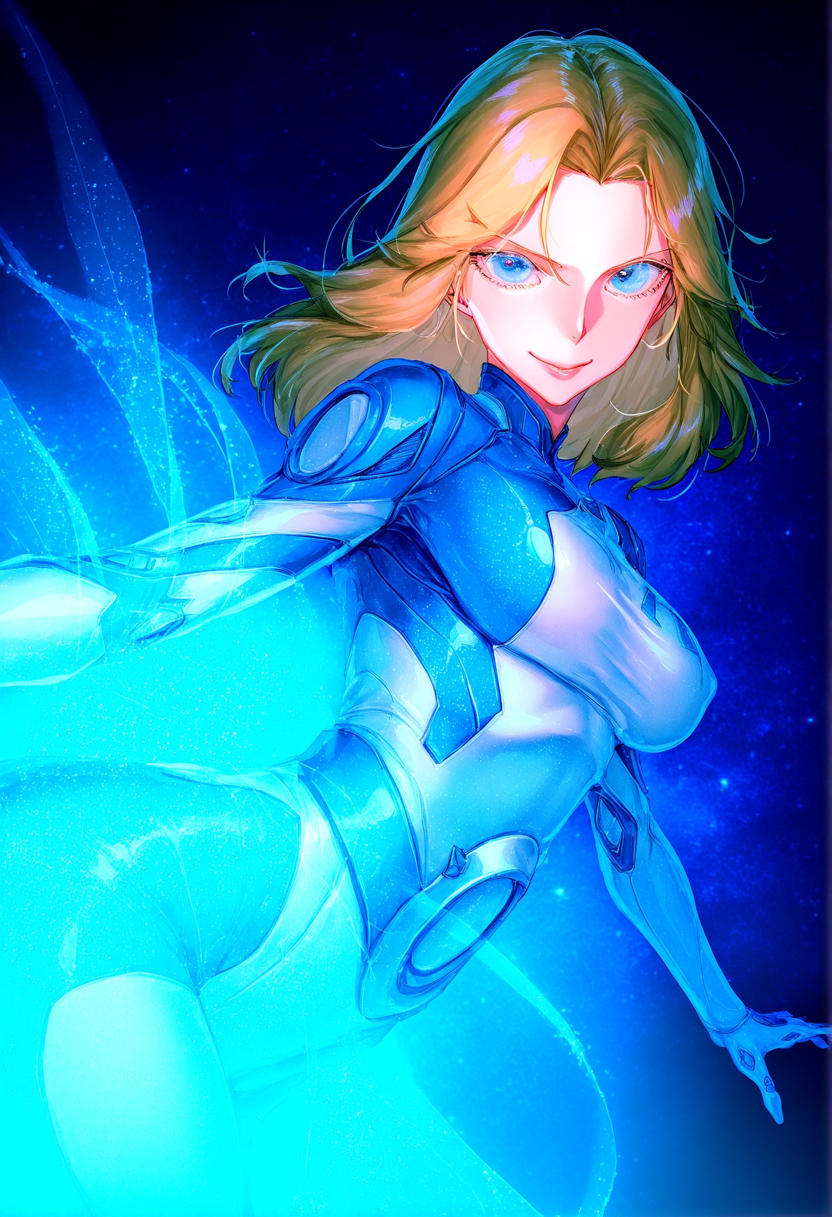 (masterpiece:1.2),best quality,very aesthetic,vignetting,dark,
momofuki rio,(rolua:1.2),
ssmv, 1girl, solo, blue eyes, looking at viewer, smile,blonde hair,   medium hair, bodysuit,  medium breasts,   skin tight, detailed background,  night, starry background,  energy,