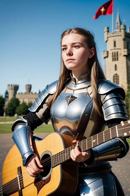 An up angle photo portrait of a 25-year-old woman, (medieval armor), metal reflections, outdoors, contrasting side sunlight, far away castle, eye contact, bokeh, blurry background, crest on chest, (a red banner), (skin blemishes and freckles:0.6), playing acoustic guitar, full of emotion