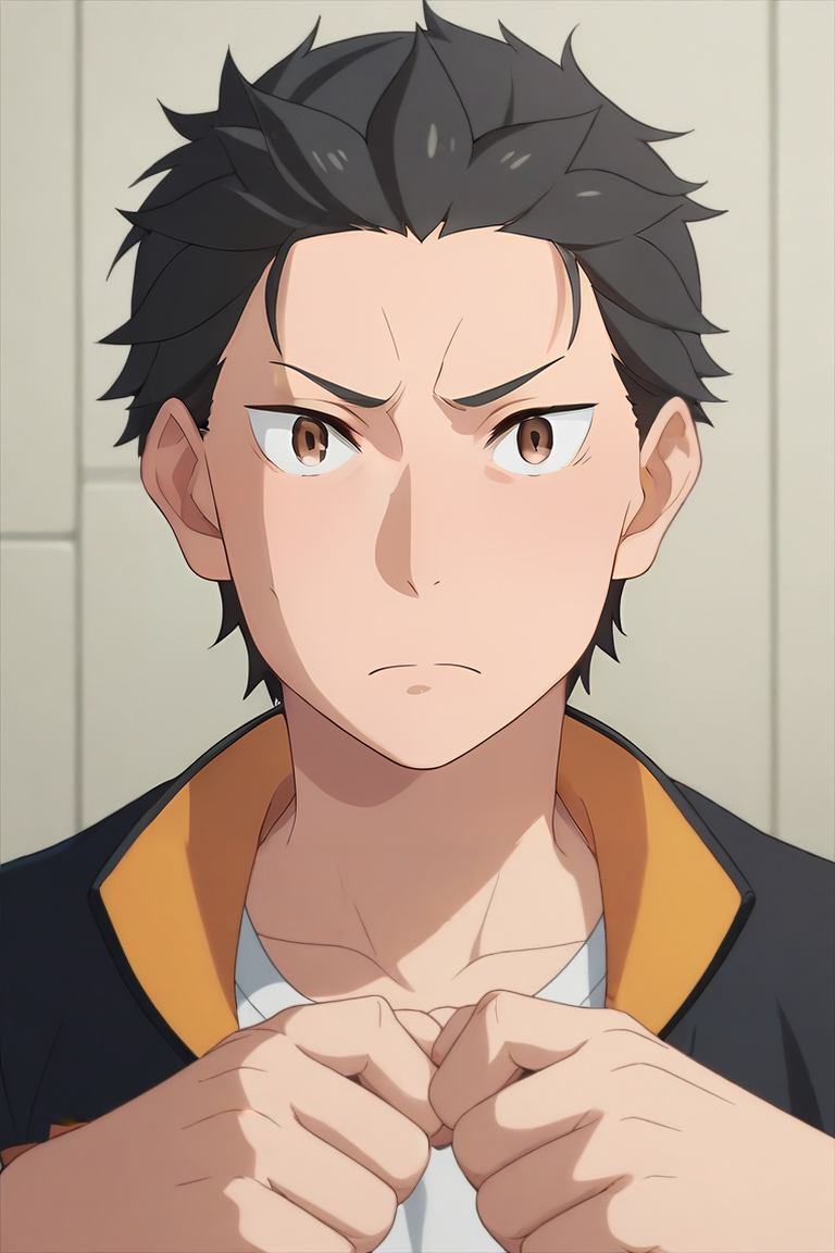 score_9, score_8_up, score_7_up, source_anime, (realistic:0.6), looking at viewer, , , 1boy, solo, male focus, <lora:subaru_natsuki_pony:0.84>, subaru_natsuki, black hair, brown eyes, short hair, , , Hands clenching into fists, indicating anger or frustration, <lora:sdxl_lightning_8step_lora:1>