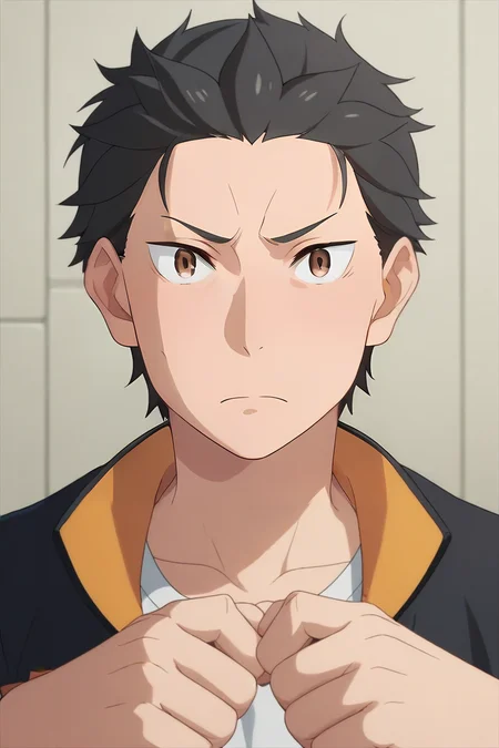 score_9, score_8_up, score_7_up, source_anime, (realistic:0.6), looking at viewer, , , 1boy, solo, male focus, <lora:subaru_natsuki_pony:0.84>, subaru_natsuki, black hair, brown eyes, short hair, , , Hands clenching into fists, indicating anger or frustration, <lora:sdxl_lightning_8step_lora:1>